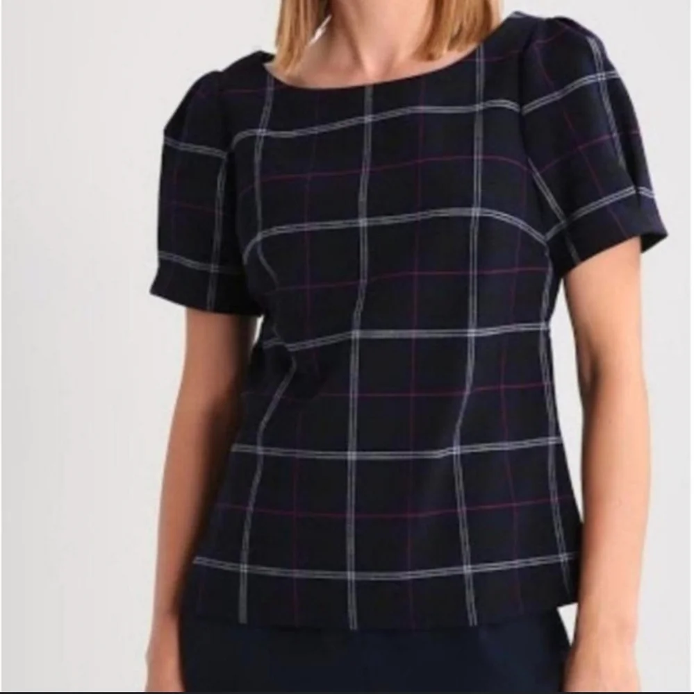 Banana Republic Emie Puff Short Sleeve Navy Blue Grid Small Blouse